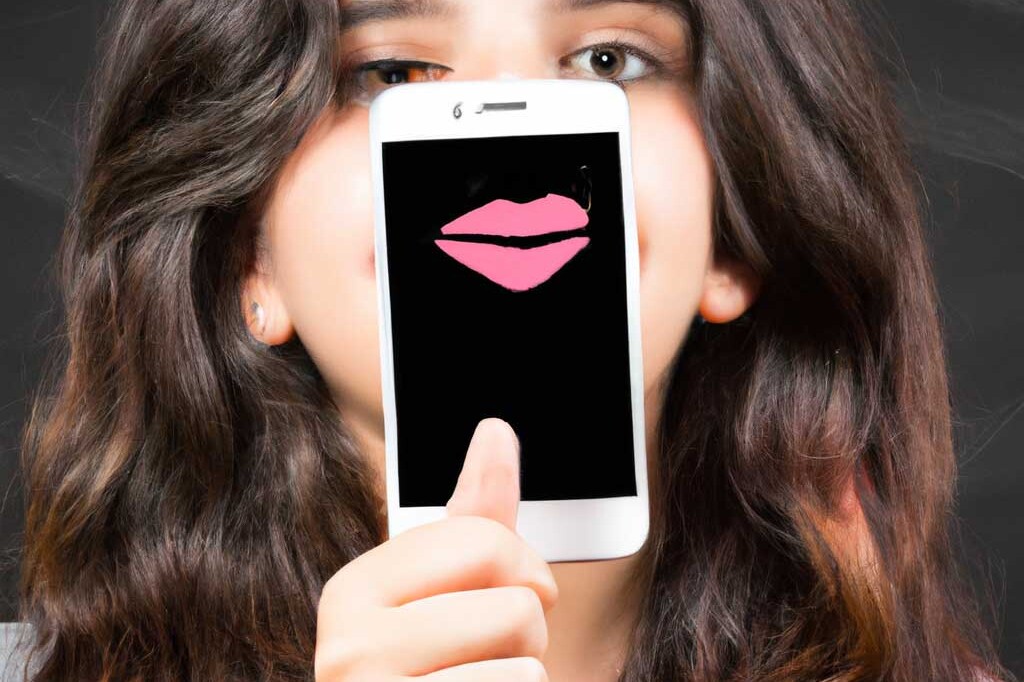 Influencer Marketing Strategie - eine Frau hält ein Handy vor das Gesicht - auf dem Handy ist ein Kussmund abgebildet